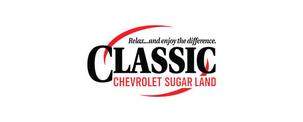 Logo for Classic Chevrolet Sugar Land with the text "Relax...and enjoy the difference." The word "Classic" is bold and large, flanked by red curved swooshes.